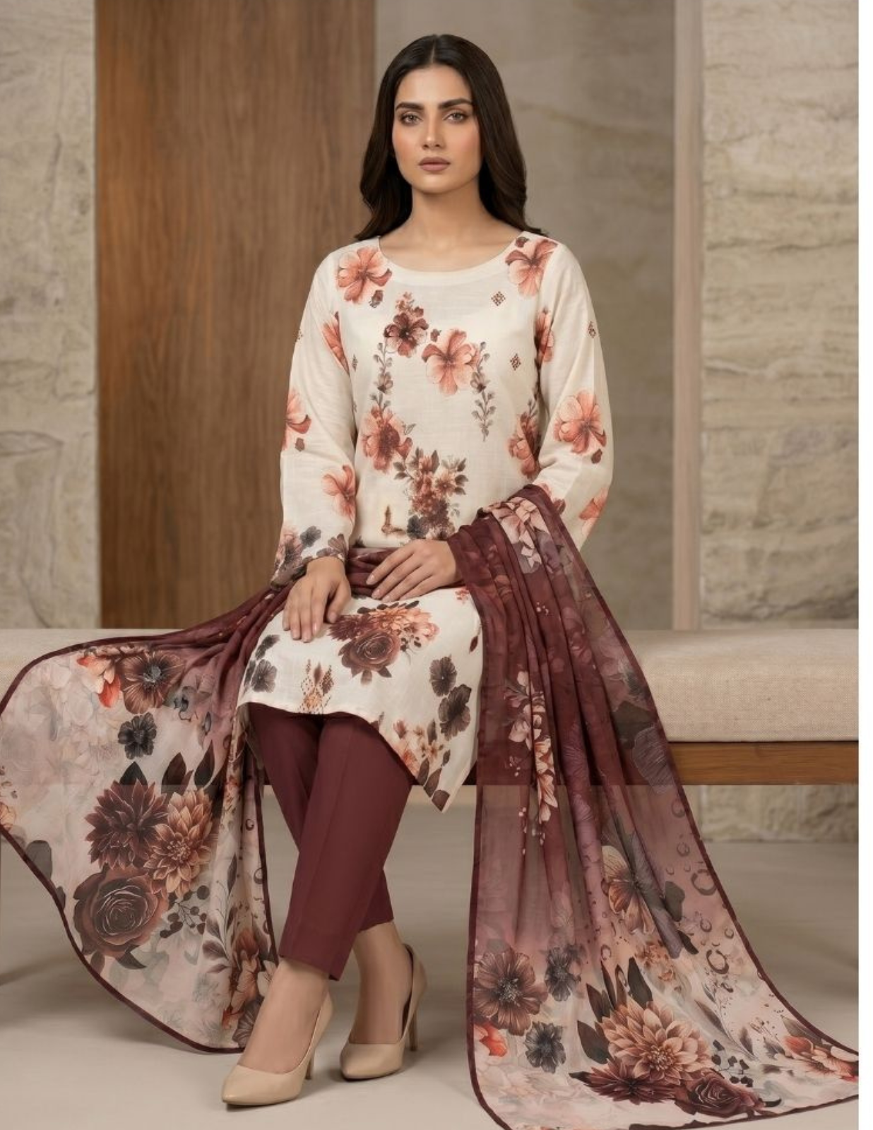 Premium Digital Print 3 Pc Slub Lawn Suit with Voile Dupatta