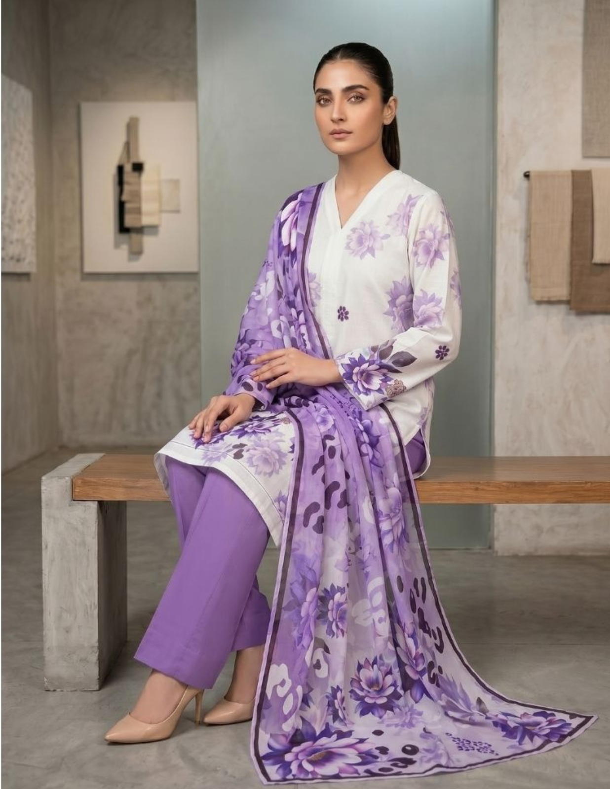 Premium Digital Print 3 Pc Slub Lawn Suit with Voile Dupatta