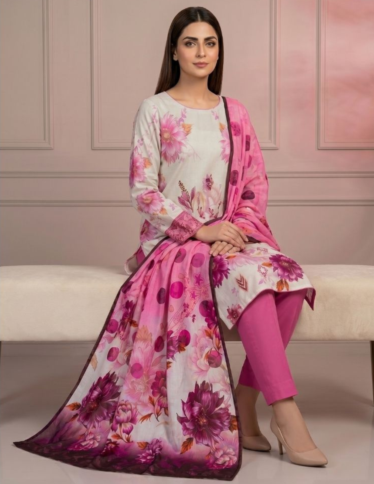 Premium Digital Print 3 Pc Slub Lawn Suit with Voile Dupatta