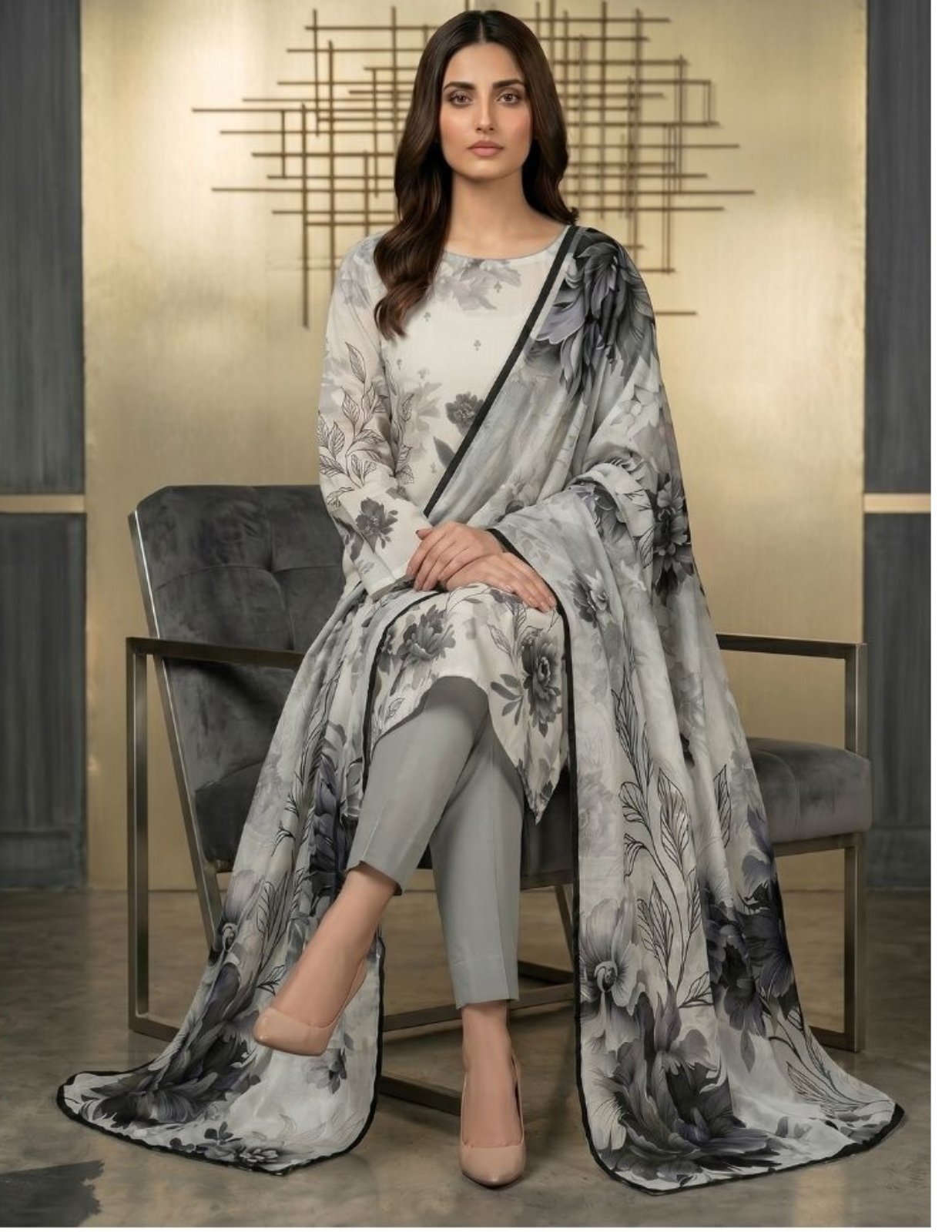 Graceful 3 Pc Slub Lawn Suit with Printed Voile Dupatta
