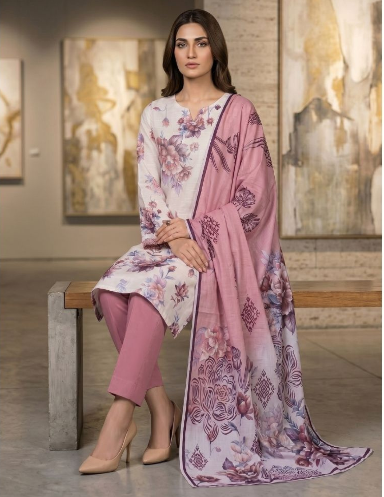 Graceful 3 Pc Slub Lawn Suit with Printed Voile Dupatta