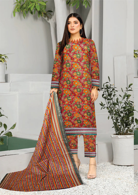 3-PC lawn suit with Lawn Dupatta(Unstitched)