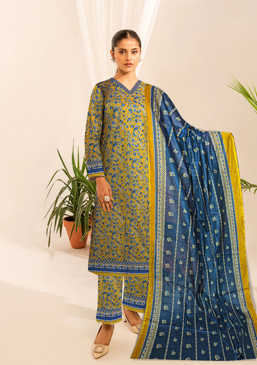 3-Pc Premium light yellow blue digital floral printed cotton lawn shirt & Dupatta(Unstitched)