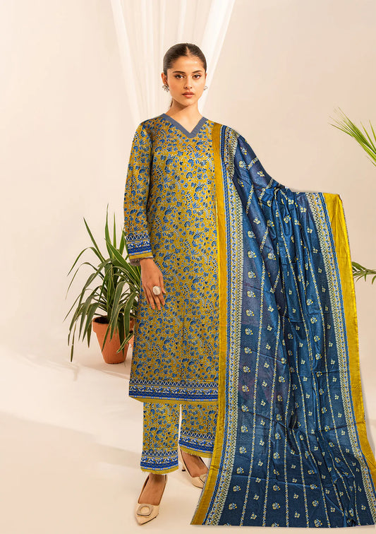 3-Pc Premium light yellow blue digital floral printed cotton lawn shirt & Dupatta(Unstitched)