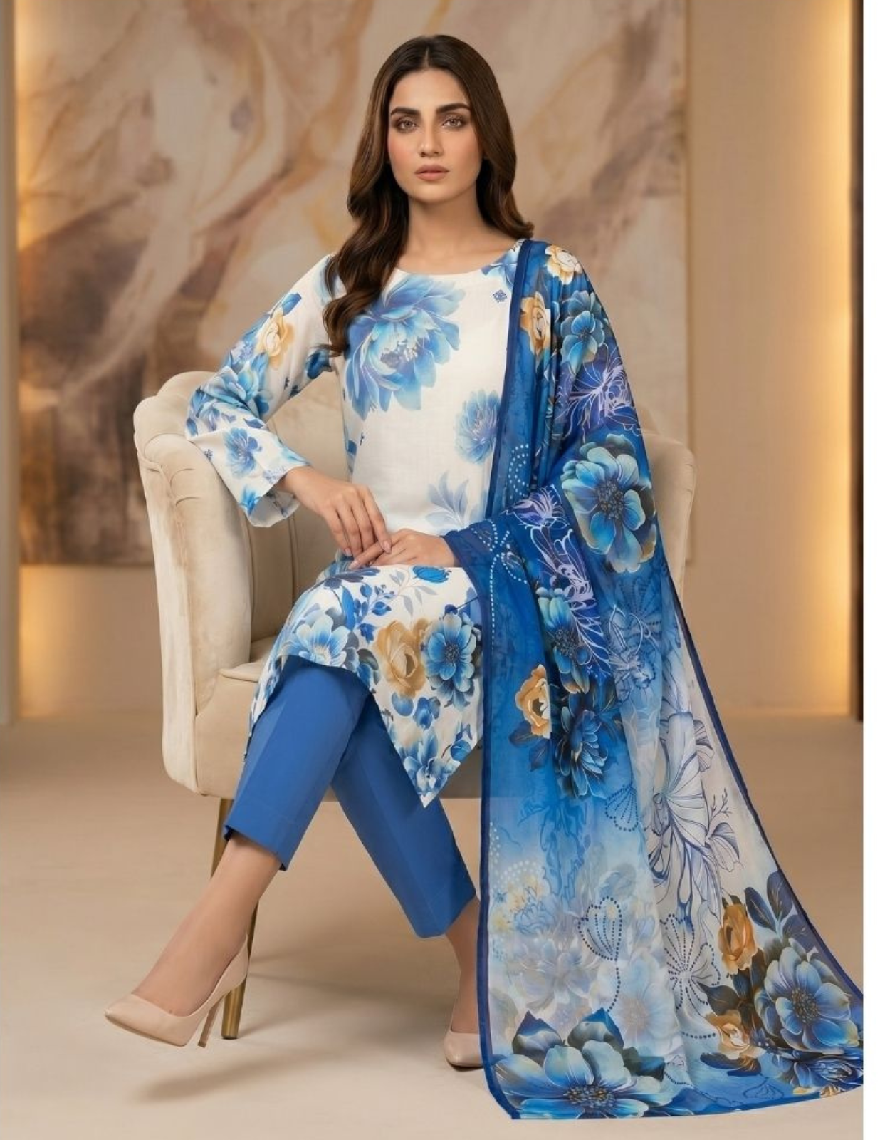 Premium Digital Print 3 Pc Slub Lawn Suit with Voile Dupatta