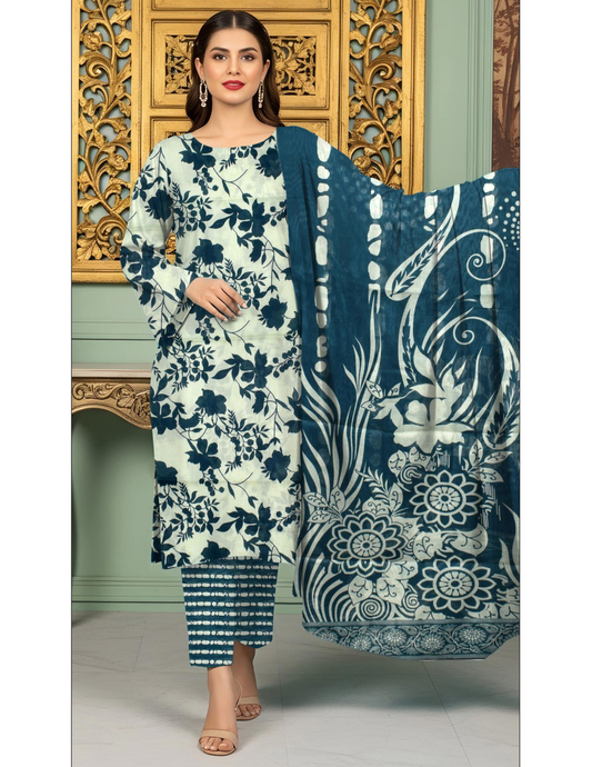 Classic 3 Pc Unstitched All Over Print Lawn Suit with Voile Dupatta