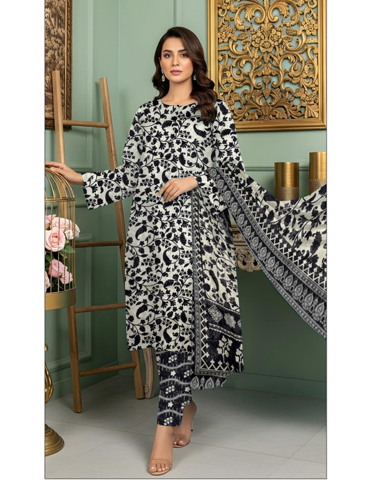 Classic 3 Pc Unstitched All Over Print Lawn Suit with Voile Dupatta