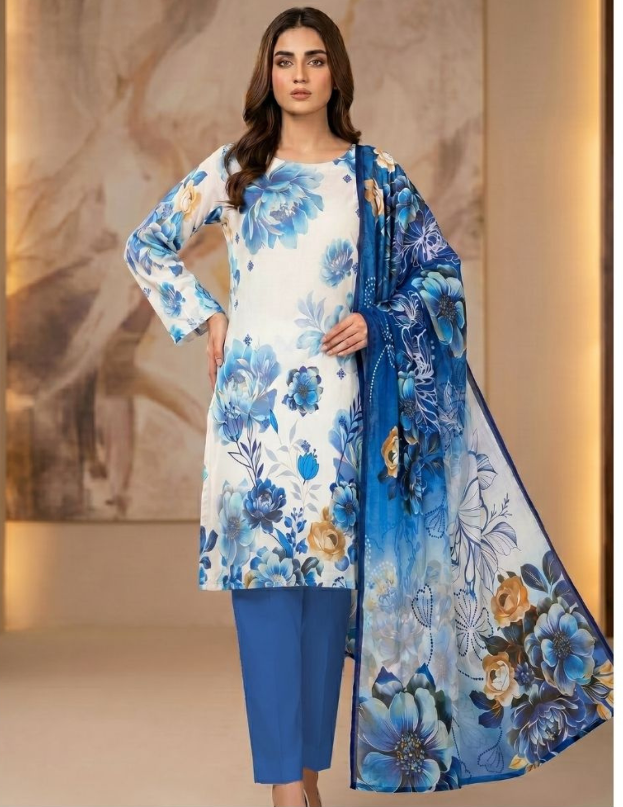 Premium Digital Print 3 Pc Slub Lawn Suit with Voile Dupatta