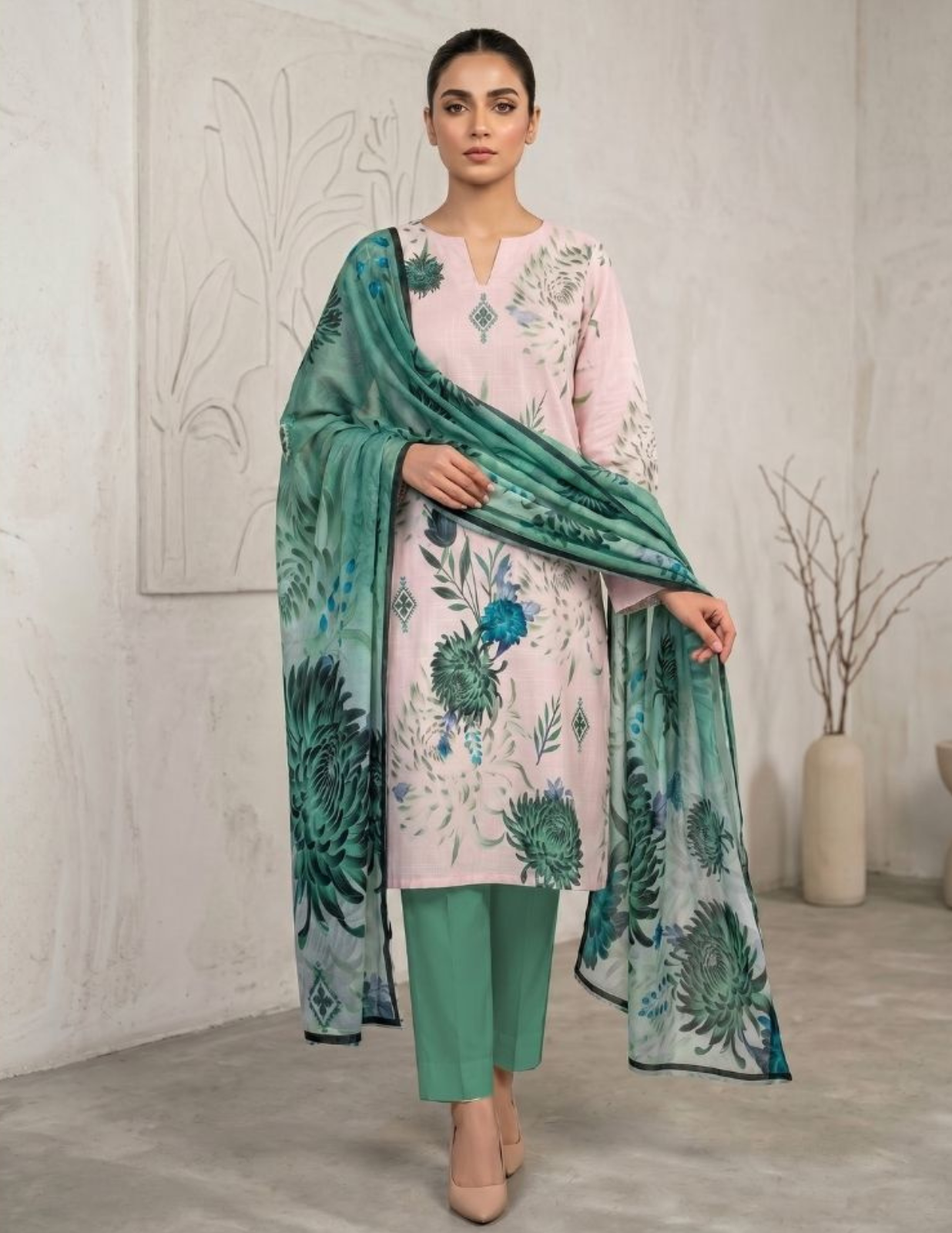 Premium Digital Print 3 Pc Slub Lawn Suit with Voile Dupatta