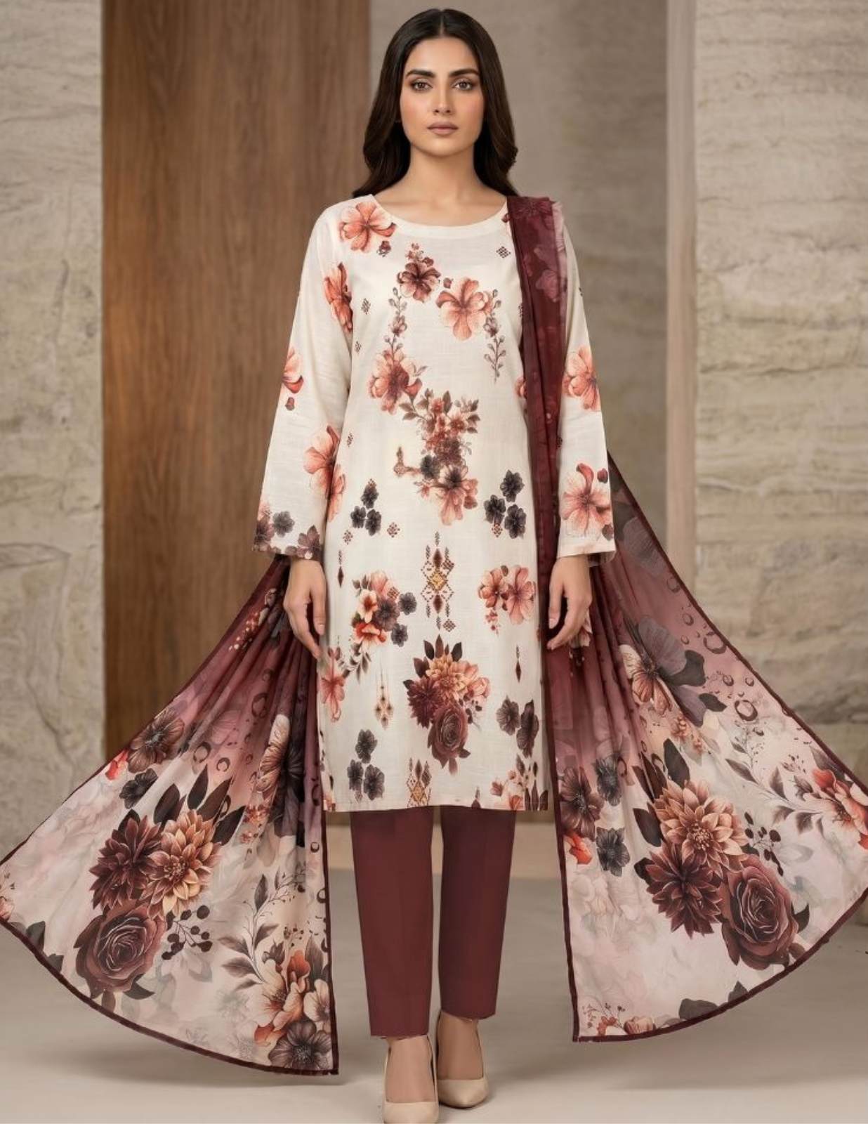 Premium Digital Print 3 Pc Slub Lawn Suit with Voile Dupatta