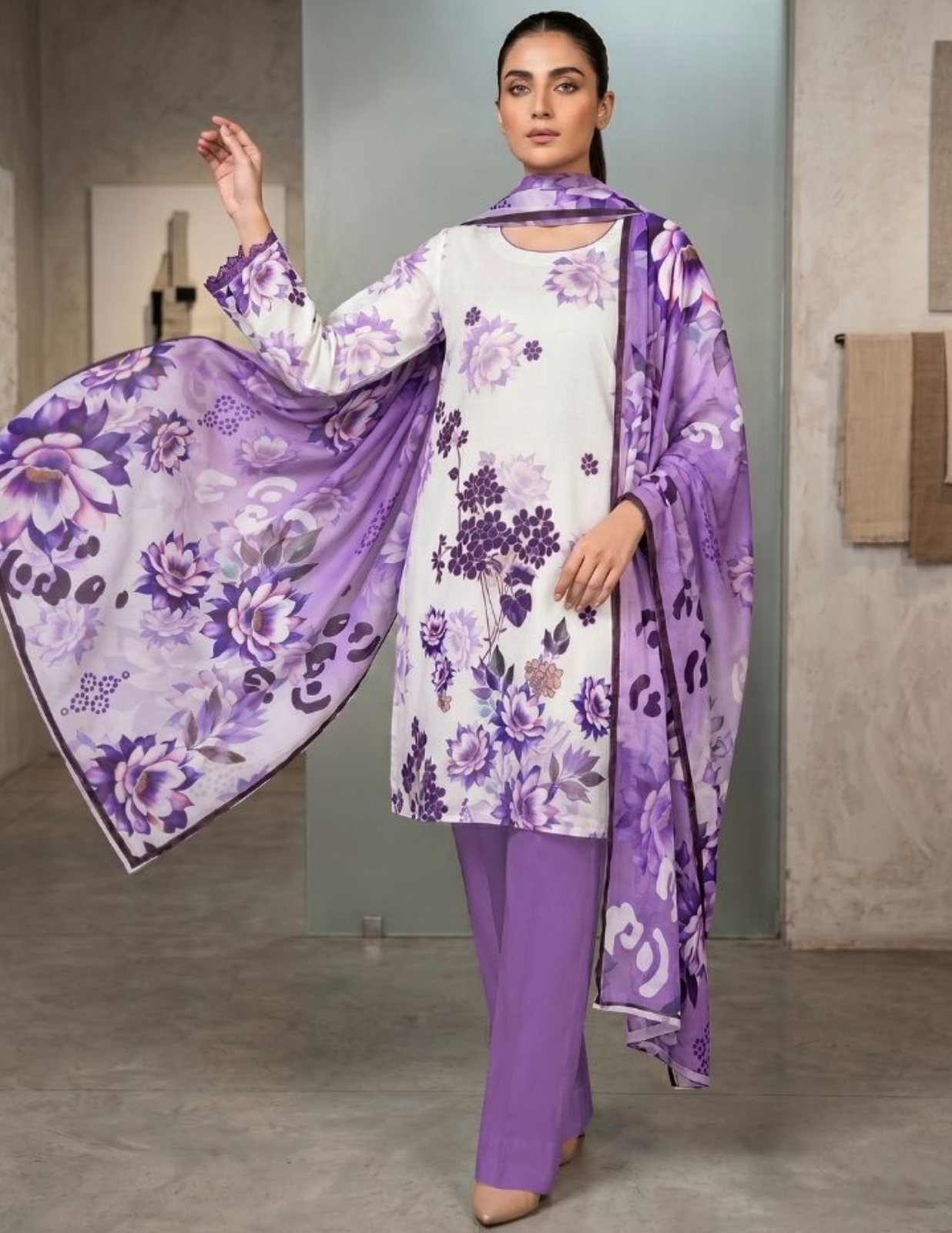 Premium Digital Print 3 Pc Slub Lawn Suit with Voile Dupatta