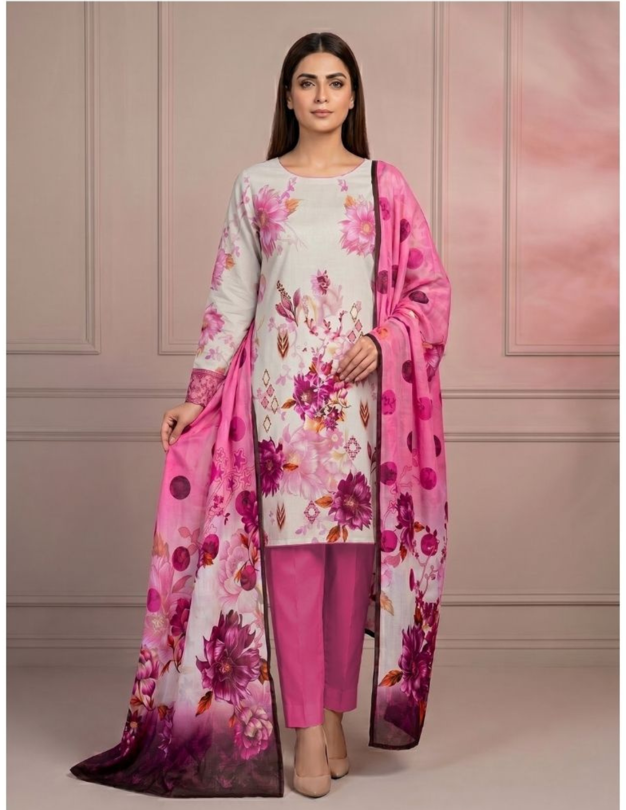 Premium Digital Print 3 Pc Slub Lawn Suit with Voile Dupatta