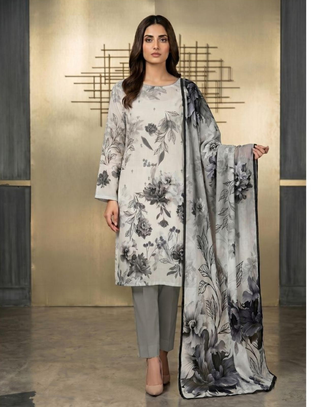 Graceful 3 Pc Slub Lawn Suit with Printed Voile Dupatta
