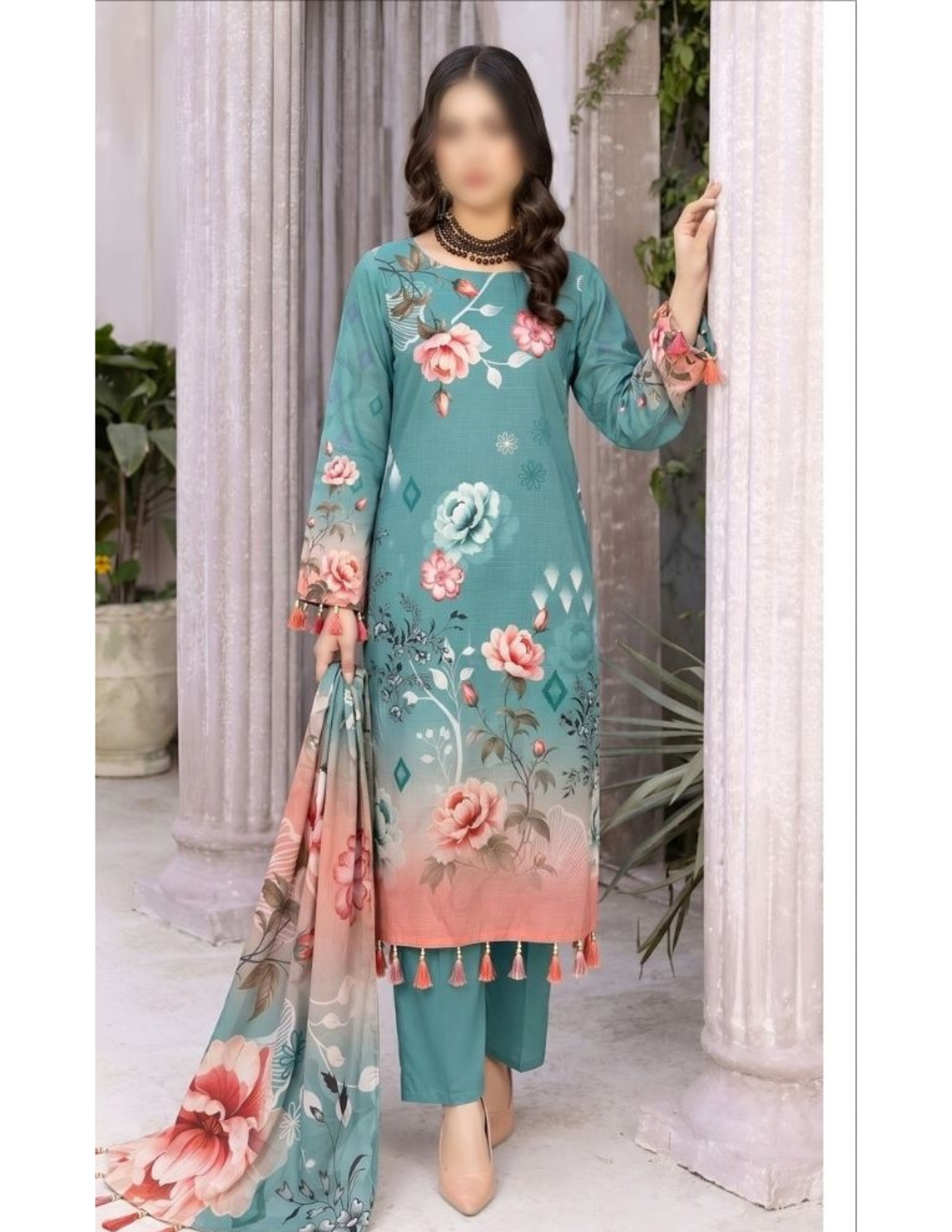 Graceful 3 Pc Slub Lawn Suit with Printed Voile Dupatta